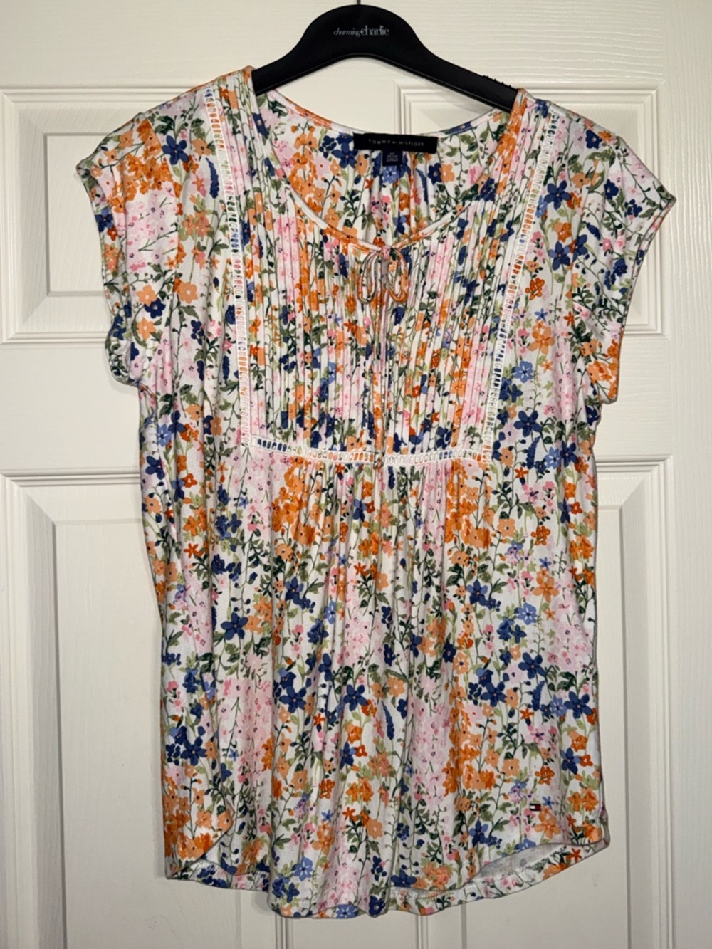 Tommy Hilfiger White Floral Pintuck Short Sleeve Blouse